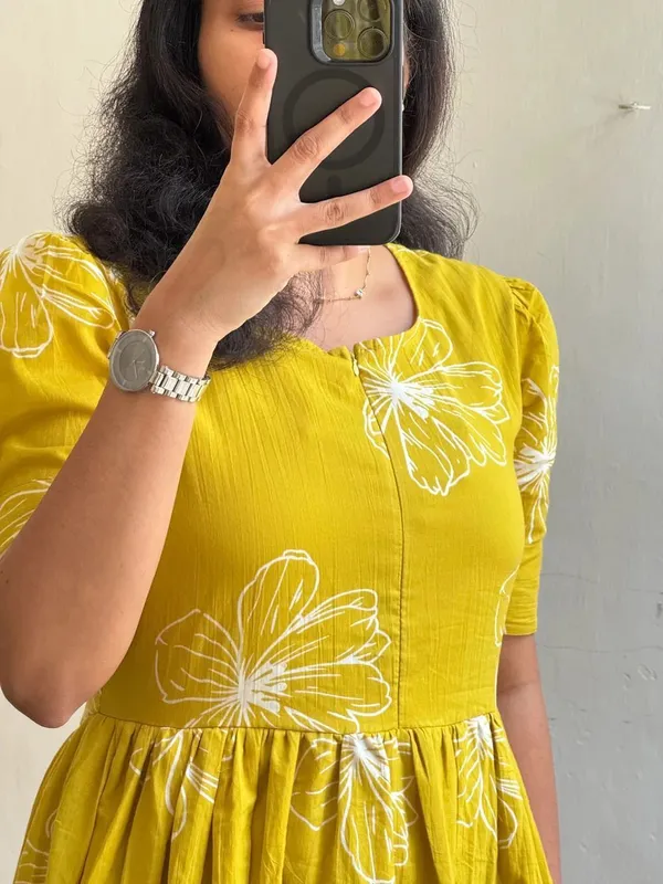 Hbkart_Women_Fit_And_Flare_Yellow,_White_Knee_Length_Dress