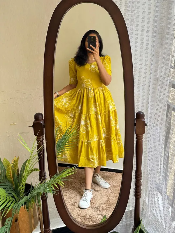 Hbkart_Women_Fit_And_Flare_Yellow,_White_Knee_Length_Dress