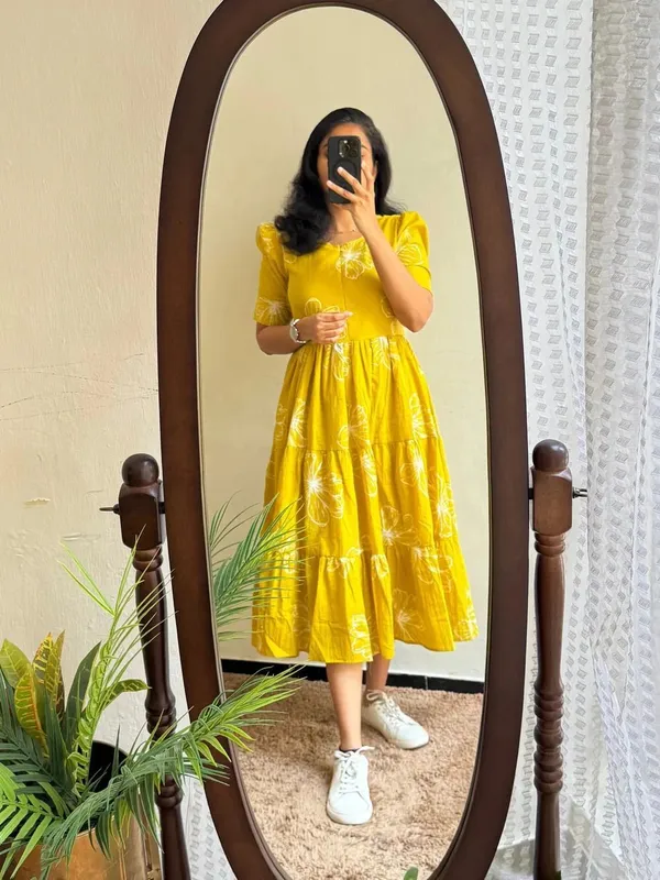 Hbkart_Women_Fit_And_Flare_Yellow,_White_Knee_Length_Dress