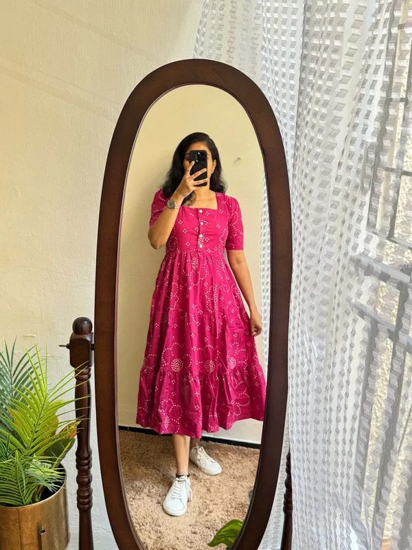 Hbkart_Women_Fit_And_Flare_Pink,_White_Calf_Length_Dress