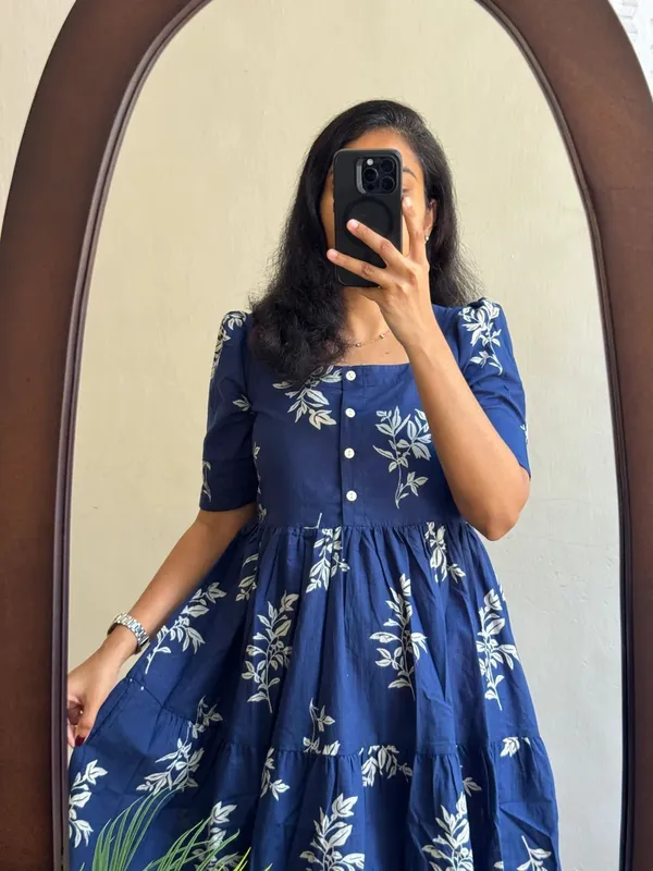 Hbkart_Women_Fit_And_Flare_Blue,_White_Calf_Length_Dress