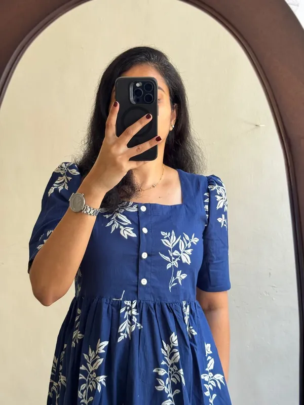 Hbkart_Women_Fit_And_Flare_Blue,_White_Calf_Length_Dress
