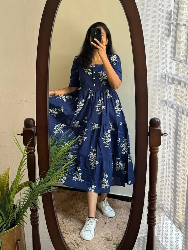 Hbkart_Women_Fit_And_Flare_Blue,_White_Calf_Length_Dress