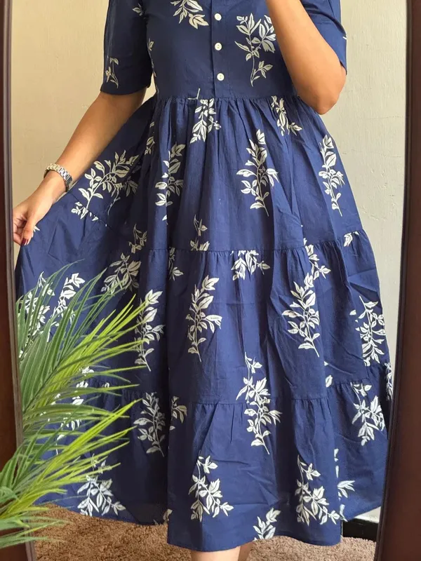 Hbkart_Women_Fit_And_Flare_Blue,_White_Calf_Length_Dress