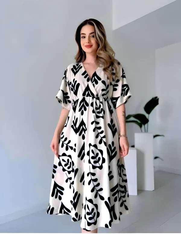 Hbkart_Women_Cinched_Waist_White,_Black_Midi/Calf_Length_Dress