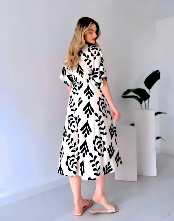 Hbkart_Women_Cinched_Waist_White,_Black_Midi/Calf_Length_Dress