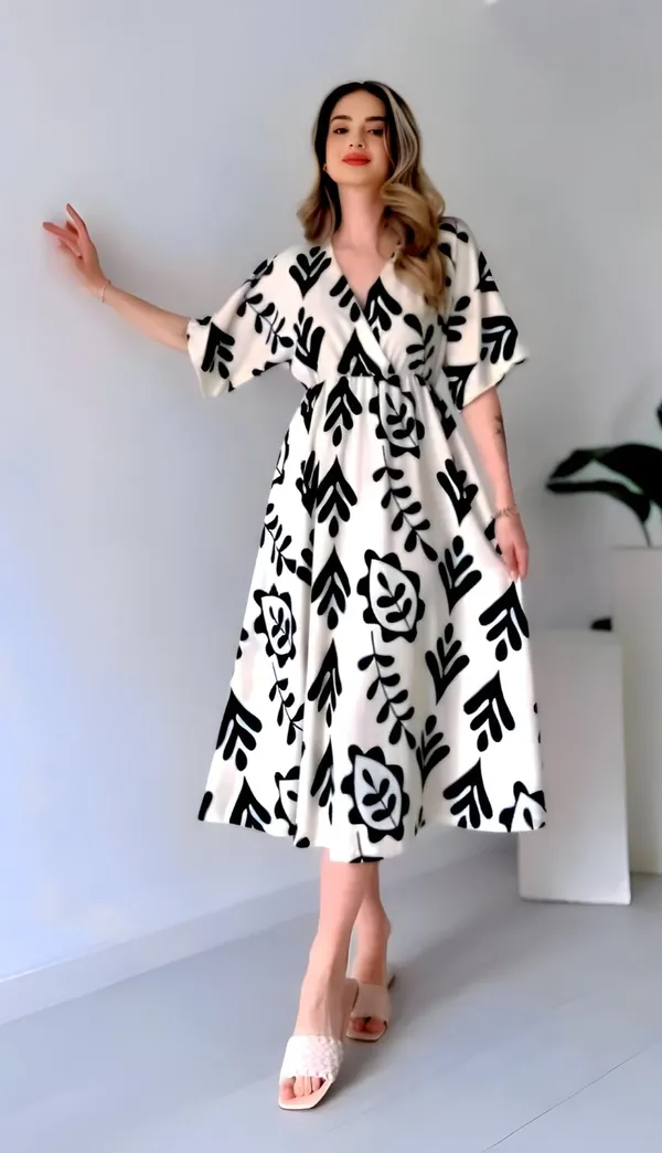 Hbkart_Women_Cinched_Waist_White,_Black_Midi/Calf_Length_Dress