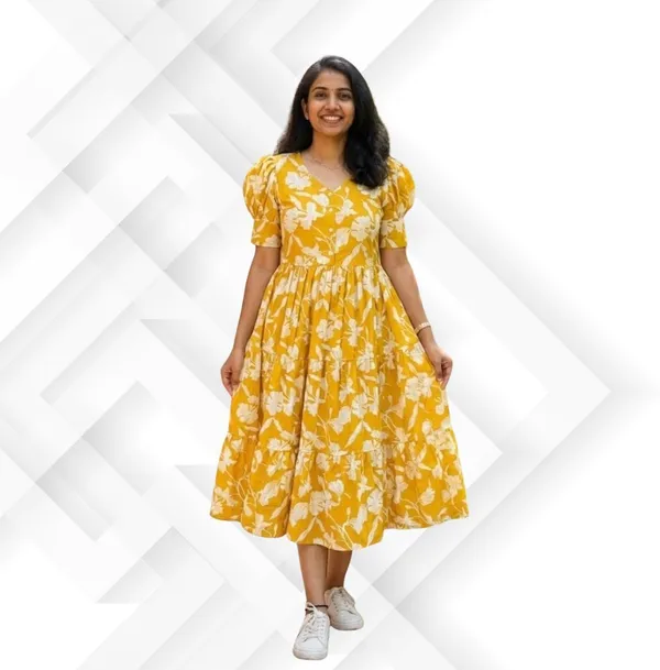 Hbkart_Women_Tiered_Yellow_Below_Knee_Dress