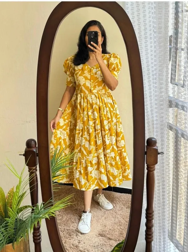 Hbkart_Women_Tiered_Yellow_Below_Knee_Dress