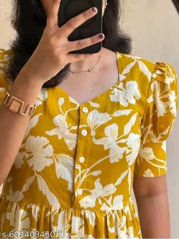 Hbkart_Women_Tiered_Yellow_Below_Knee_Dress
