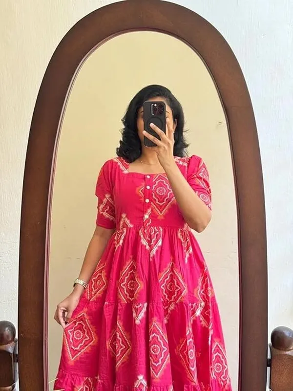 Hbkart_Women_Tiered_Pink_Calf_Length_Dress