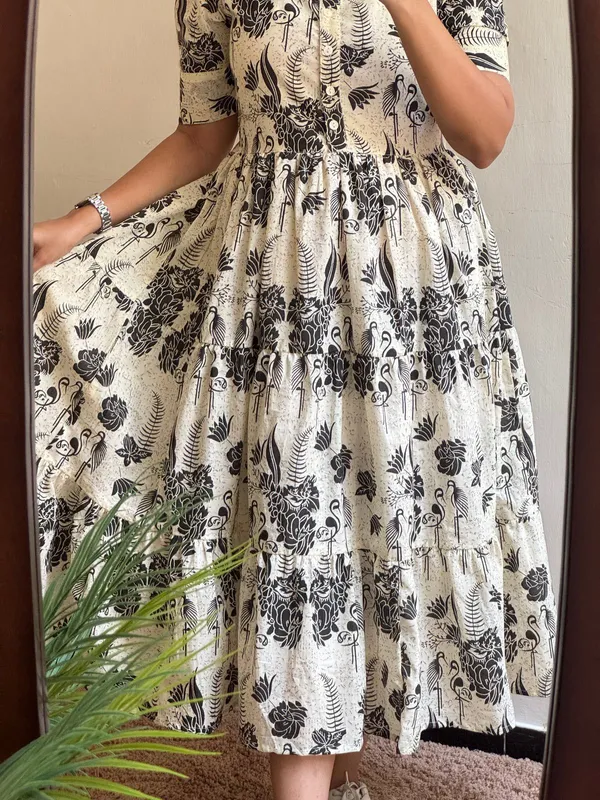 Hbkart_Women_Fit_And_Flare_Beige,_Black_Below_Knee_Dress