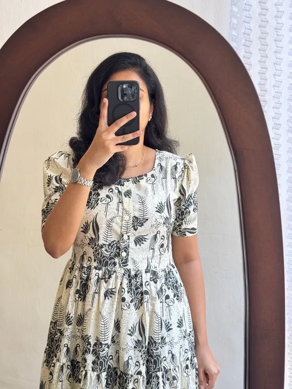 Hbkart_Women_Fit_And_Flare_Beige,_Black_Below_Knee_Dress