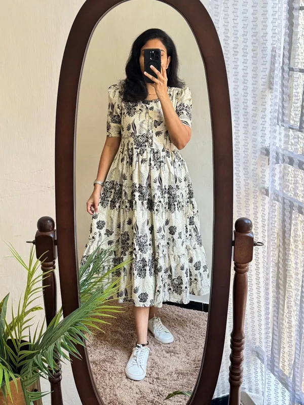 Hbkart_Women_Fit_And_Flare_Beige,_Black_Below_Knee_Dress