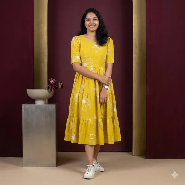 Hbkart_Women_Fit_And_Flare_Yellow,_White_Knee_Length_Dress