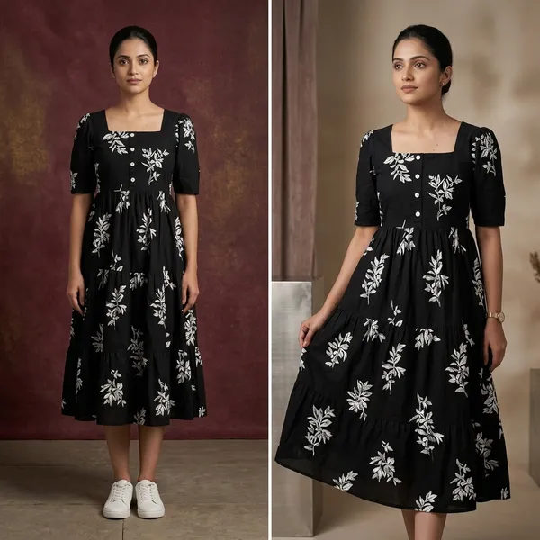 Hbkart_Women_Tiered_Black_Below_Knee_Dress