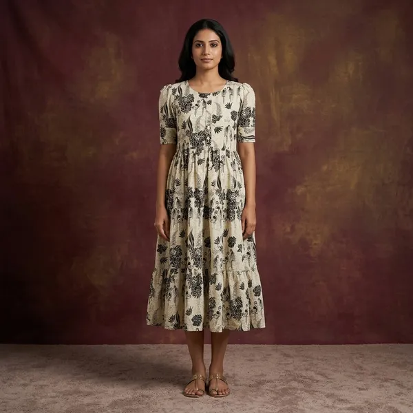 Hbkart_Women_Fit_And_Flare_Beige,_Black_Below_Knee_Dress