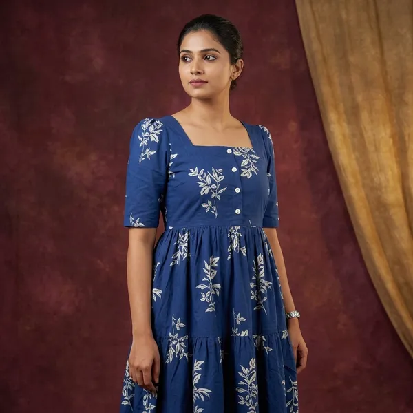 Hbkart_Women_Fit_And_Flare_Blue,_White_Calf_Length_Dress