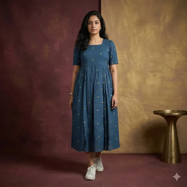 Hbkart_Women_Fit_And_Flare_Blue,_Yellow_Calf_Length_Dress