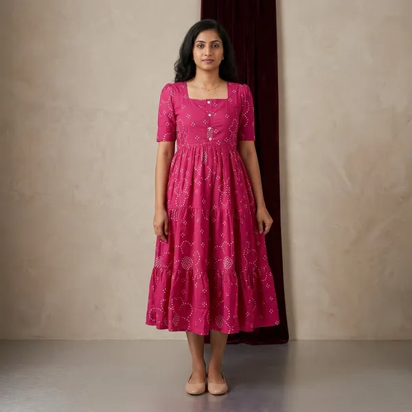 Hbkart_Women_Fit_And_Flare_Pink,_White_Calf_Length_Dress