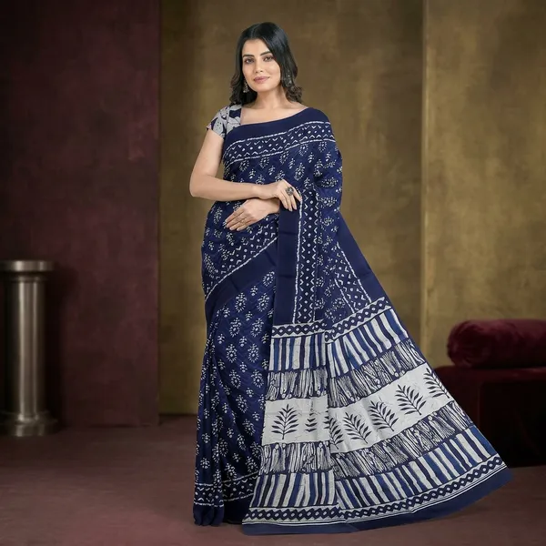 HBKART_Printed,_Color_Block,_Self_Design_Ikkat_Pure_Cotton_Saree_(Blue)