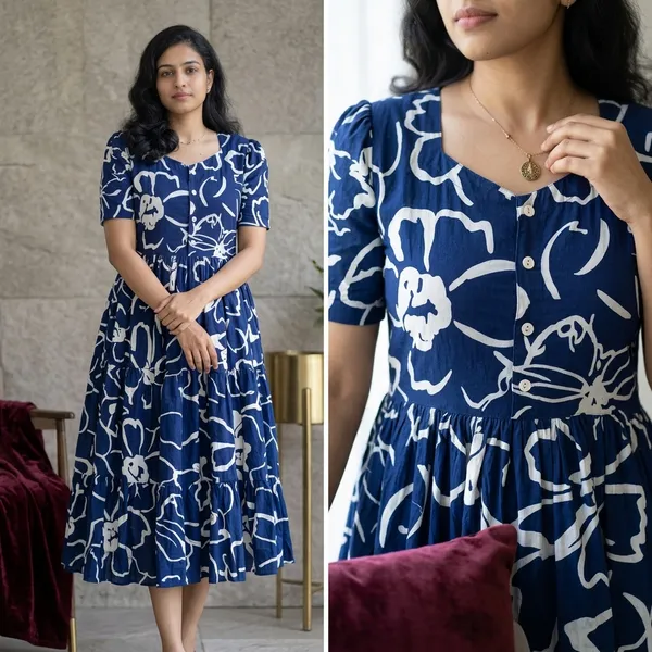 Hbkart_Women_Tiered_Blue_Midi/Calf_Length_Dress