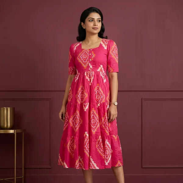 Hbkart_Women_Tiered_Pink_Calf_Length_Dress