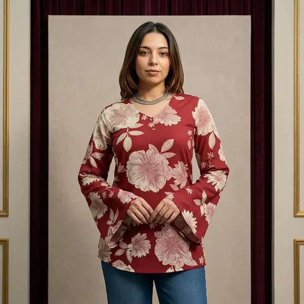 Hbkart_Casual_Floral_Print_Women_Red_Top