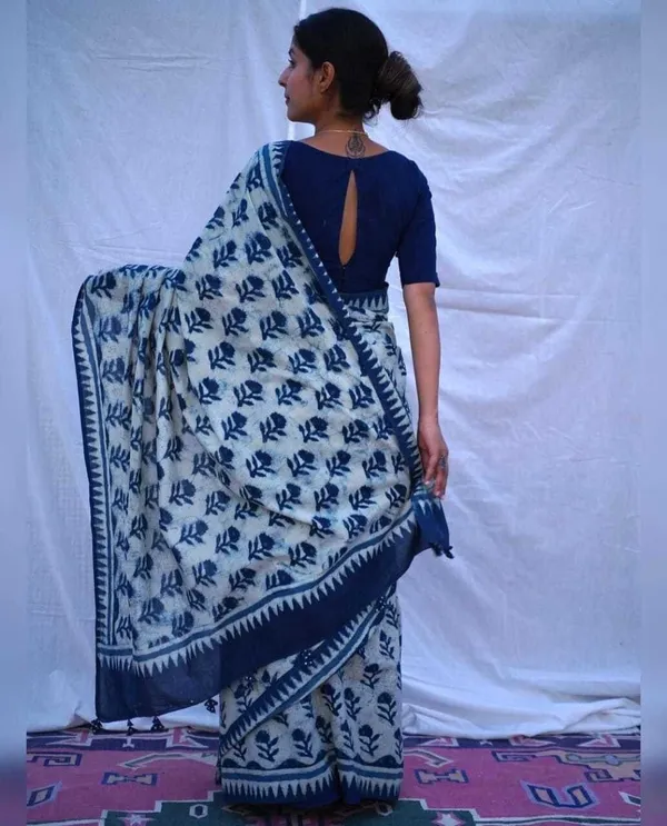 HBKART_Printed_Hand_Batik_Pure_Cotton_Saree_(Blue)