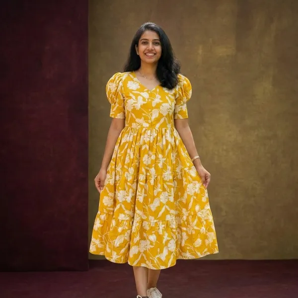 Hbkart_Women_Tiered_Yellow_Below_Knee_Dress