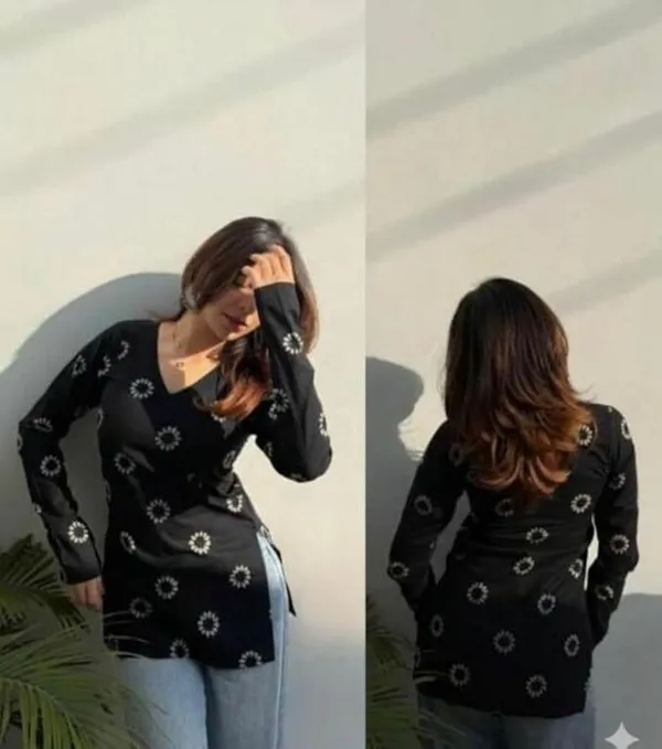 Hbkart_Casual_Floral_Print_Women_Black_Top