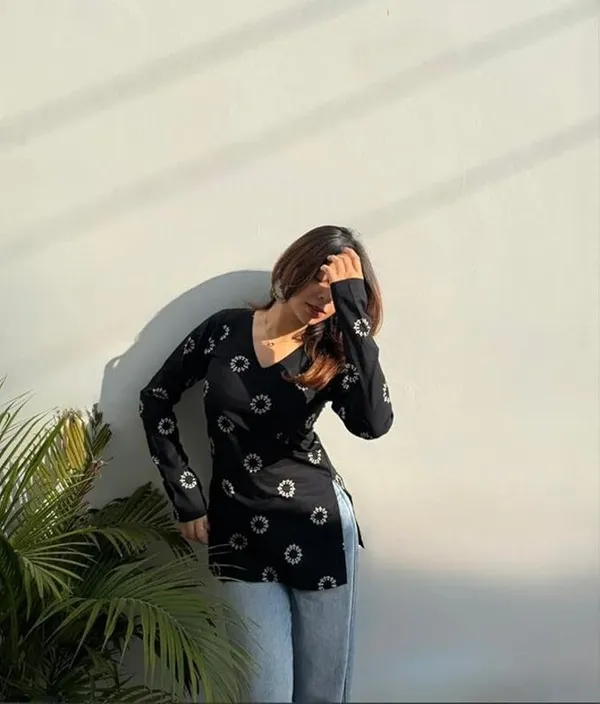 Hbkart_Casual_Floral_Print_Women_Black_Top