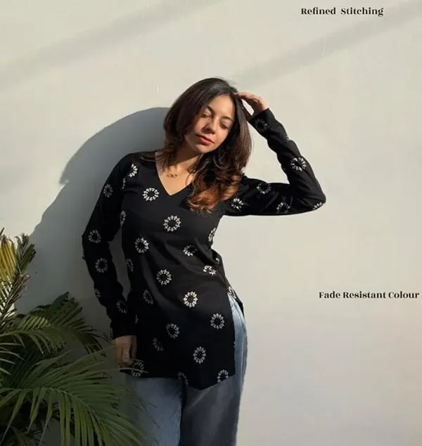 Hbkart_Casual_Floral_Print_Women_Black_Top