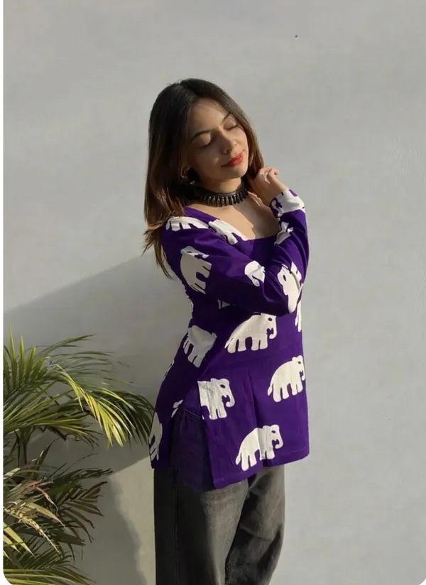 Hbkart_Casual_Animal_Print_Women_Purple_Top