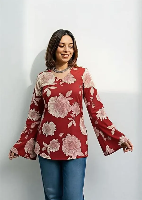 Hbkart_Casual_Floral_Print_Women_Red_Top
