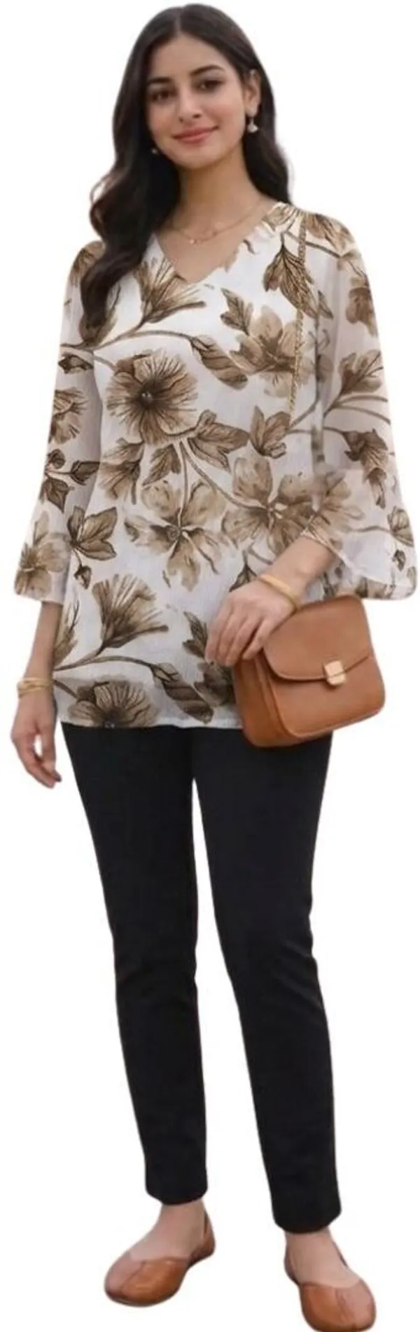 Hbkart_Casual_Floral_Print,_Printed_Women_White_Brown_Top