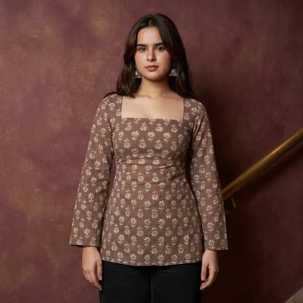 Hbkart_Casual_Printed,_Floral_Print_Women_Brown_Top