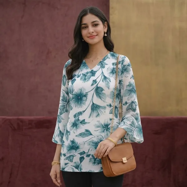 Hbkart_Casual_Floral_Print,_Printed_Women_Blue_White_Top