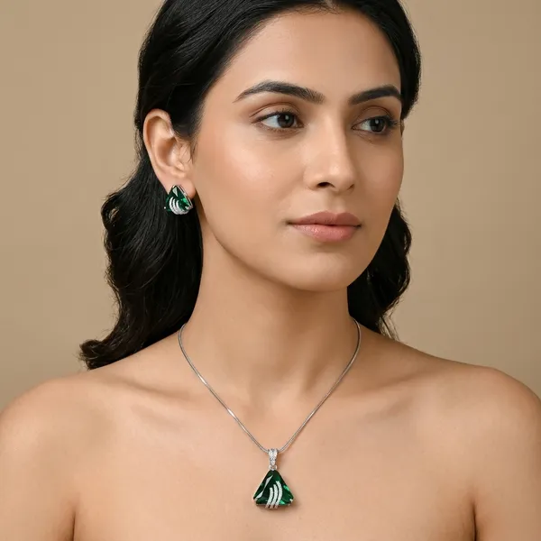 White_With_Green_Alloy_American_Diamond_Earrings_With_Pendant_For_Women