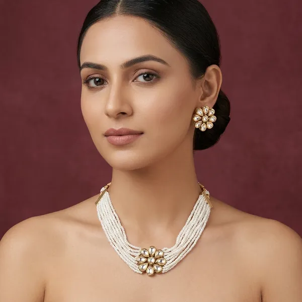 White_And_Golden_Alloy_Pearl_Short_Necklace_Set_With_Earrings_For_Women