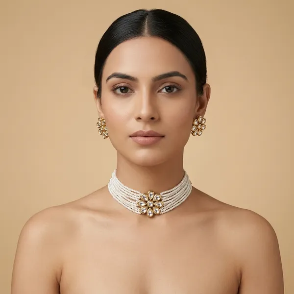 White_And_Golden_Alloy_Pearl_Short_Necklace_Set_With_Earrings_For_Women