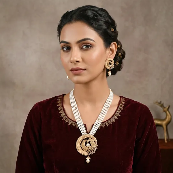 Golden_And_Silver_Alloy_Pearl_Long_Necklace_Set_With_Earrings_For_Women