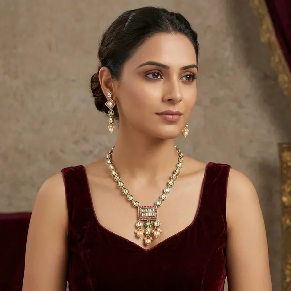 White_With_Pink_Gold-Plated_Alloy_Long_Necklace_Set_For_Women