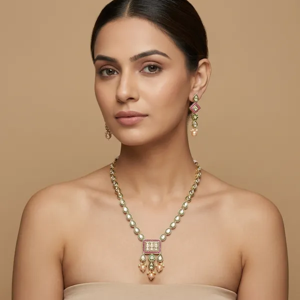 White_With_Pink_Gold-Plated_Alloy_Long_Necklace_Set_For_Women