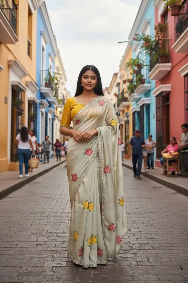 WELLBREAD_Floral_Print,_Solid/Plain_Bollywood_Pure_Silk,_Georgette_Saree_(Beige)