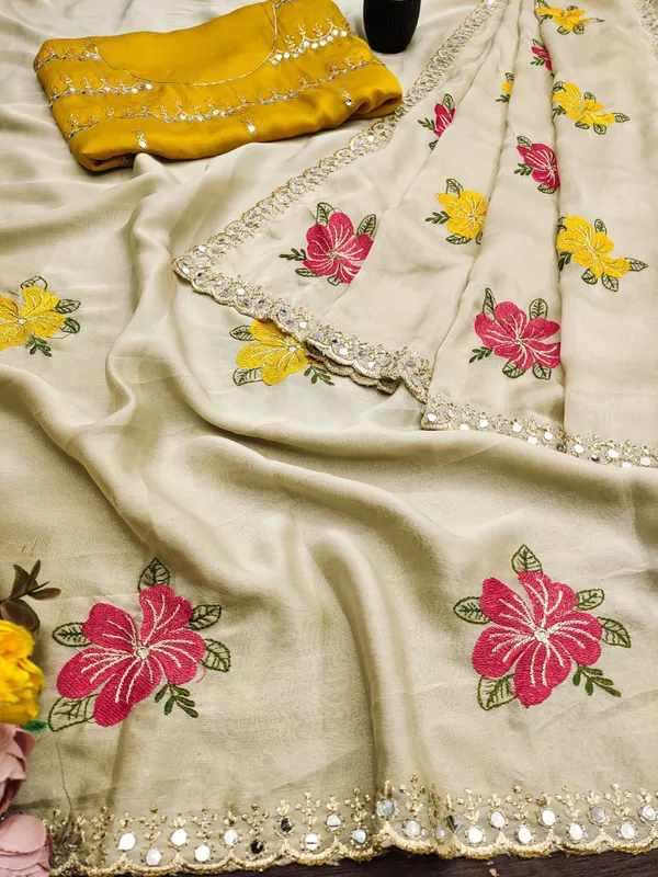 WELLBREAD_Floral_Print,_Solid/Plain_Bollywood_Pure_Silk,_Georgette_Saree_(Beige)