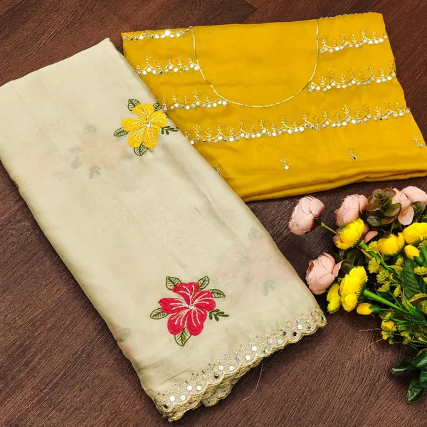 WELLBREAD_Floral_Print,_Solid/Plain_Bollywood_Pure_Silk,_Georgette_Saree_(Beige)