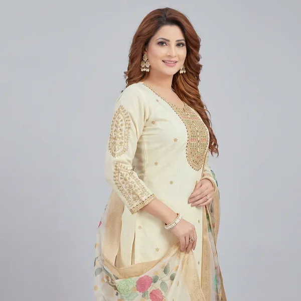 Cream_Vichitra_Silk_Embroidered_Straight_Kurta_Set_For_Women