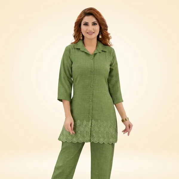 Green_Linen_Cotton_Embroidered_Straight_Kurta_Set_For_Women