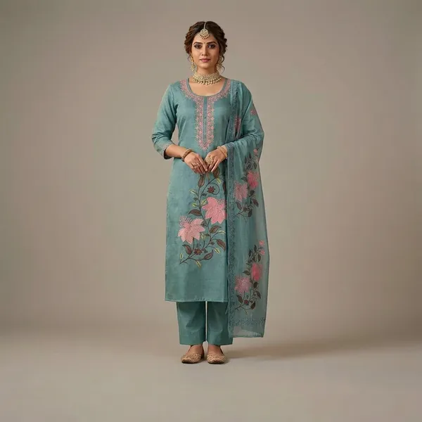 Teal_Vatican_Silk_Floral_Print_Straight_Kurta_Palazzo_Set_For_Women